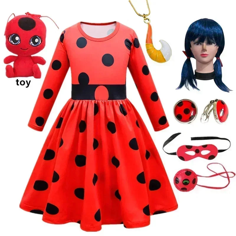 2025 Christmas Reddy Girl Little Beetle Cosplay Costume Mask Wig with Earrings Kids Halloween Fancy Costume Children Party Dress