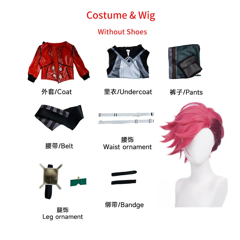 Vi Acrane Cosplay Costume Game Arcane Vi Red Wig Leather Jacket Halloween Carnival Outfits Vi Shoes Boots