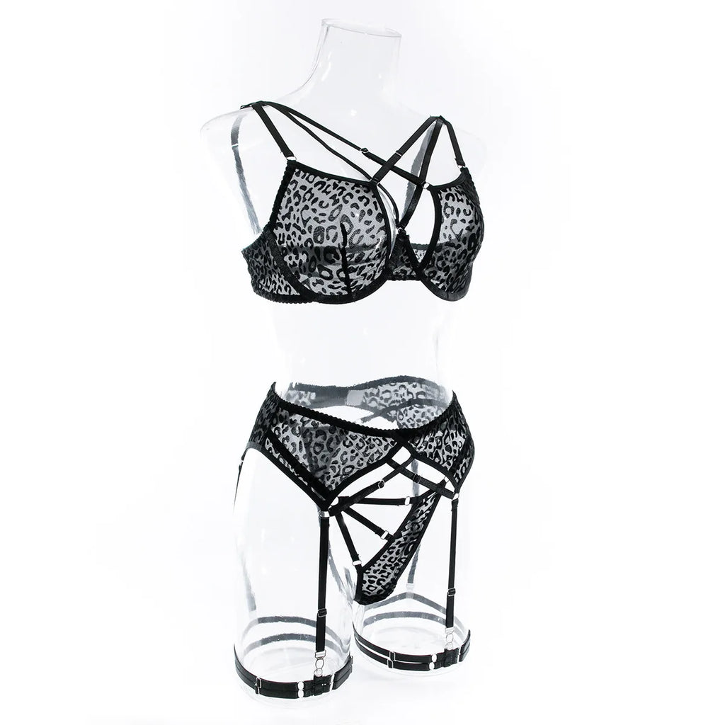 Erotic Leopard Lingerie Set - Sexy Push-Up Bra & Sheer Thong with Adjustable Garter Belt Velvet 4-Piece Bondage Kit Outfits