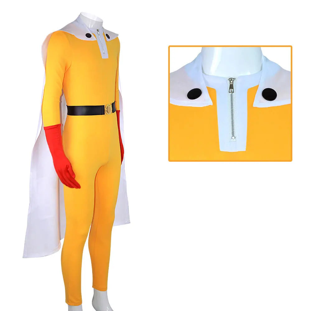 One Punch Man Saitama Cosplay Costume Full Set for Adults Yellow Hero Suit Jumpsuit with Cloak Gloves Belt Cosplay Party Outfit