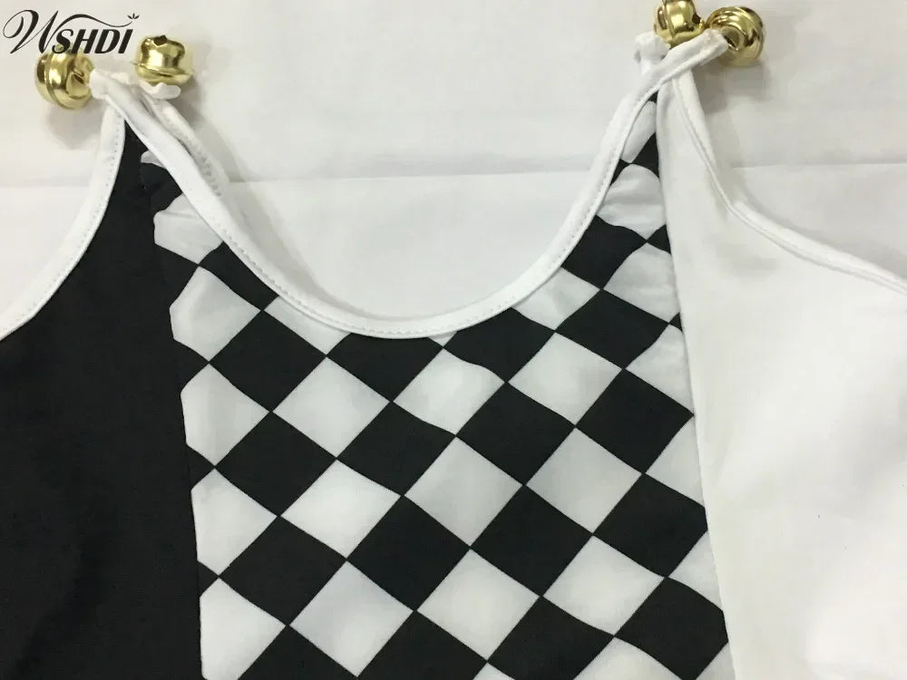 Cosplay adulte cirque Clown noir blanc treillis ensemble de costumes femmes Halloween carnaval déguisement mascarade fête