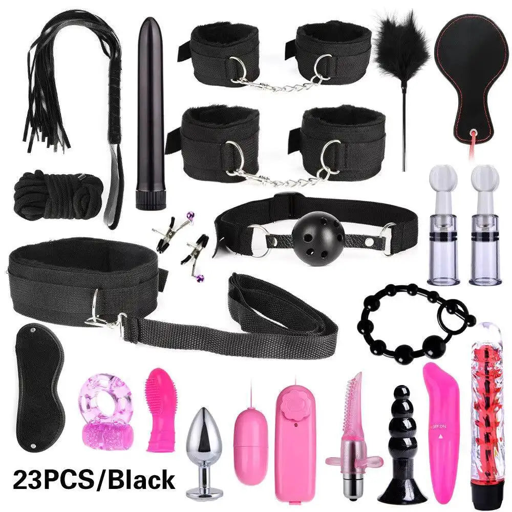 23Pcs Products Exotic Accessories Erotic Bondage Set Handcuffs Nipple Clips Whip Rope BDSM Tube Female Sex Toys %