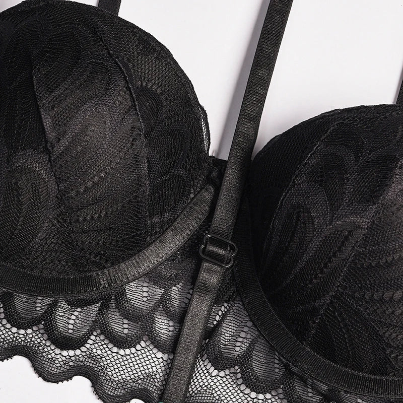 Erotic Lingerie Sets For Women Lace Garters Transparent Bra And Panty Set Female Porno Costumes Deep V Halter Sexy Underwear Set