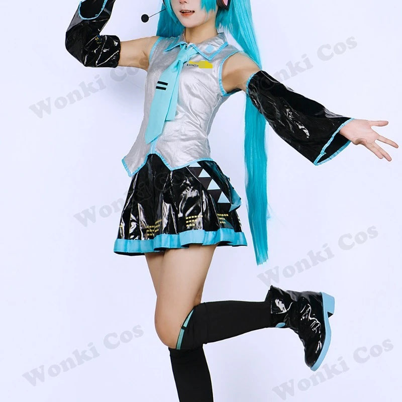 V Miku Cosplay Costume Green Ponytail Wig Virtual Singer Cosplay Shoes Boots Official Uniform for Girl Party Comic Con Outfits