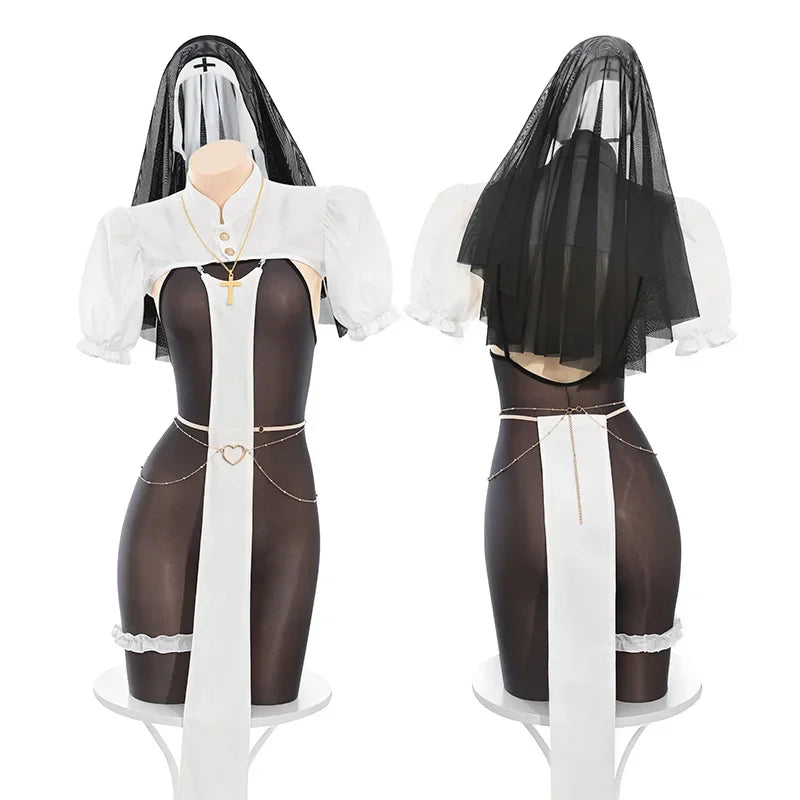 Halloween Religious Church Nun Cosplay Costume Sister Women's Suspender Black Silk See-through Bodysuit Jumpsuit For Nightclub