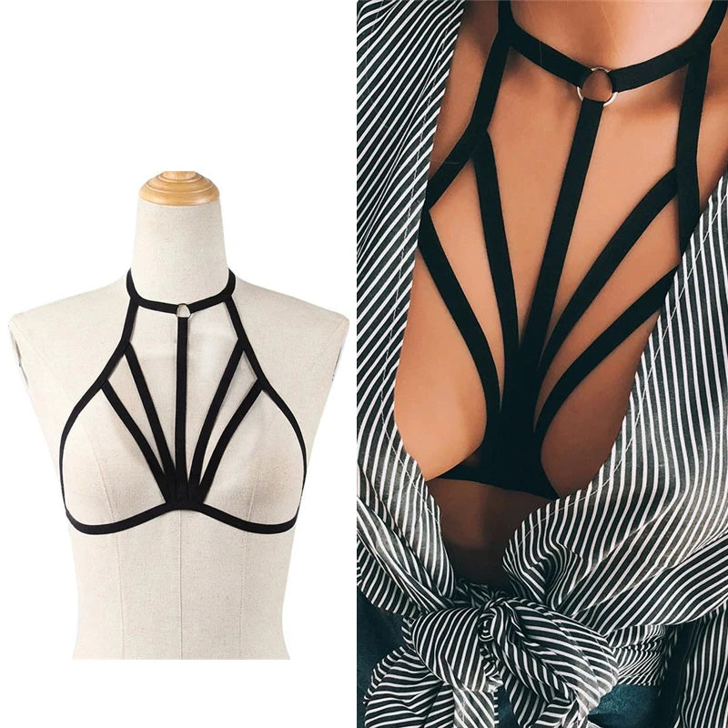 Pentagram Bondage Body Harness Lingerie Goth Crop Tops Cage Lingerie Harness Belt Harness Bra Rave Wear for Women