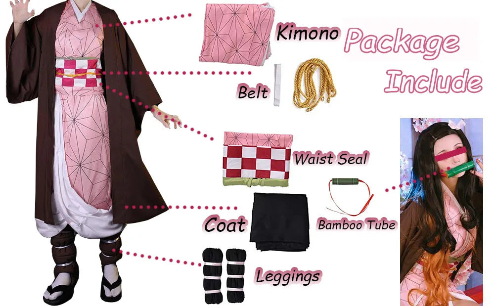 Anime Demon Slayer Kamado Nezuko Cosplay Costume Kimono Kimetsu No Yaiba Cosplay Wigs Hairs Halloween Carnival Women Outfit