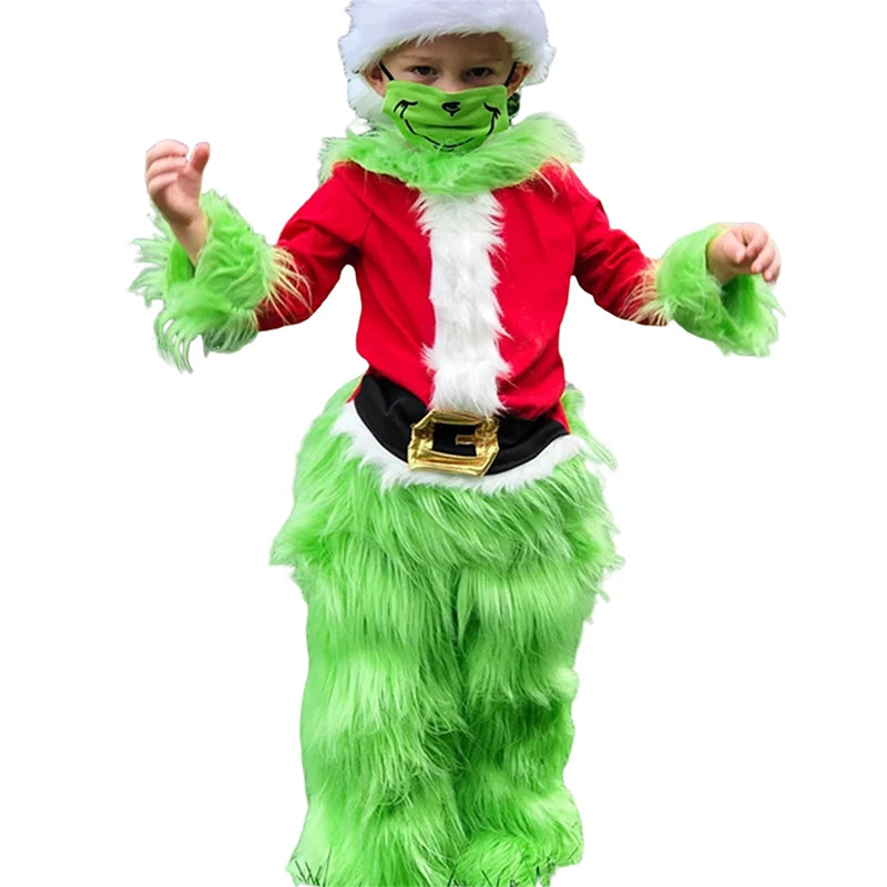 Little Kids Boys Girls Christmas Cosplay Costume Green Furry Monster Hooded Santa Claus Tops Green Fuzzy Pants Set