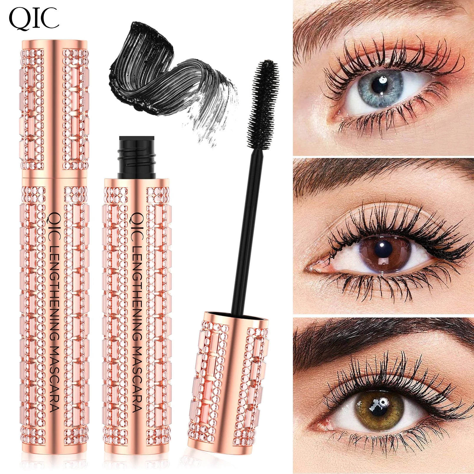 QIC Fashion Diamond 4D Mascara Waterproof Eye Make-up Cosmetics Peanut Silicone Brush Lengthening Curl Lashes Fast Dry