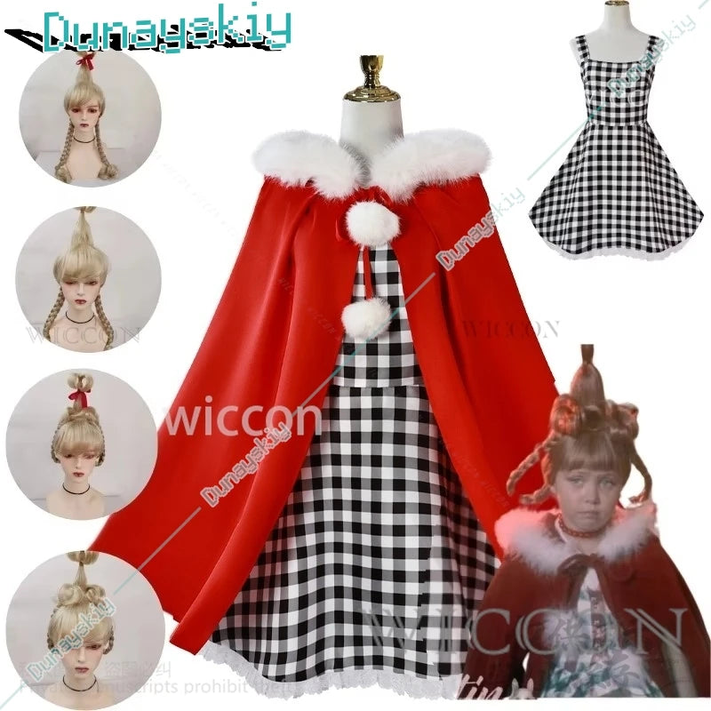 Anime Cindy Lou Cosplay Costume Cindy Plaid Dress Red Cloak Outfit Blond Wig Women Kids Halloween Suit Christmas Gift Customized