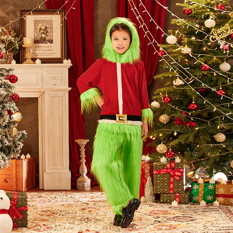 Little Kids Boys Girls Christmas Cosplay Costume Green Furry Monster Hooded Santa Claus Tops Green Fuzzy Pants Set