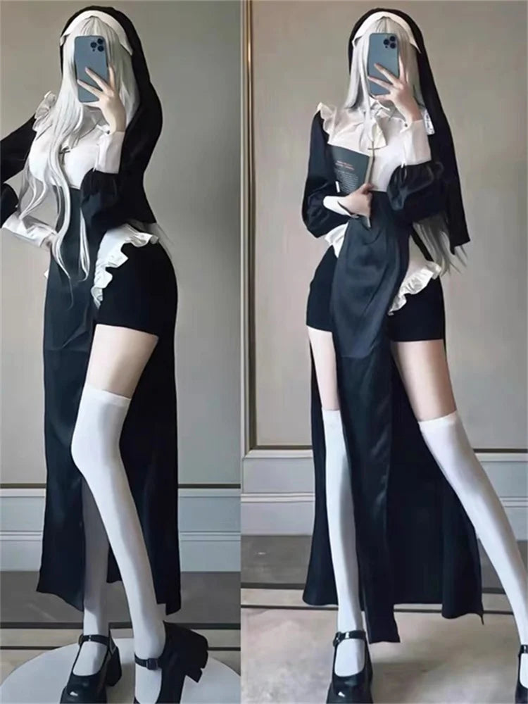 Hot Cosplay Nun Sister Costumes For Women Sleeveless Crotchless Dress Cos Maid Uniform Nightgowns Girl Role Play Erotic Costume