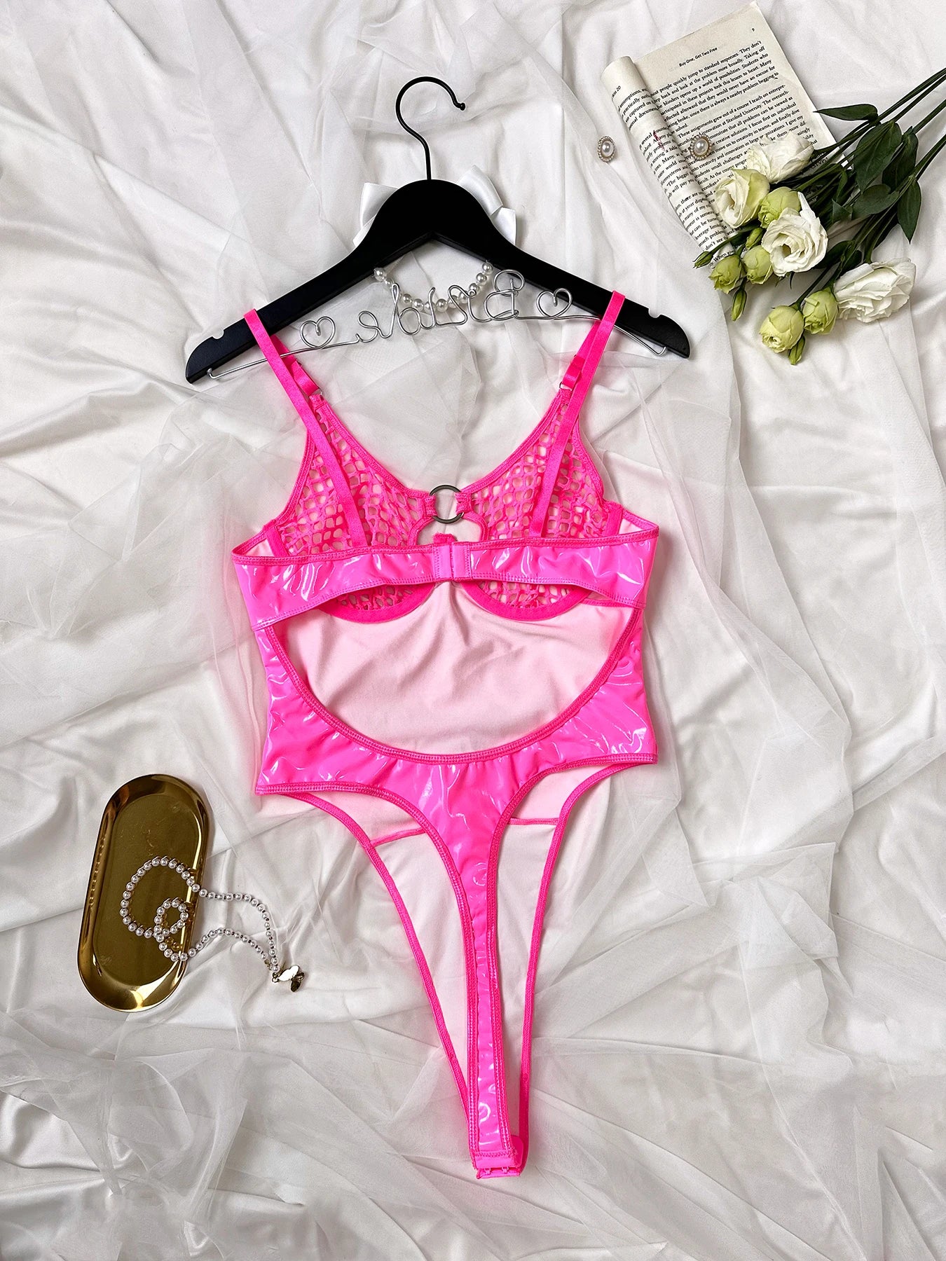 2024 Sexy Erotic Lingerie Set Corset Woman  Leather Bodysuit Zipper Open Crotch Rompers Mesh Sheer Hollow Out Female Underwear