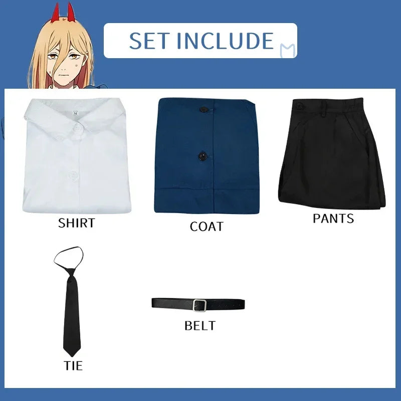 Power Cosplay Costume Chainsaw Man Outfits Blue Suit Shirt Tie Short Neck Ring Wig Women Anime Uniform Halloween