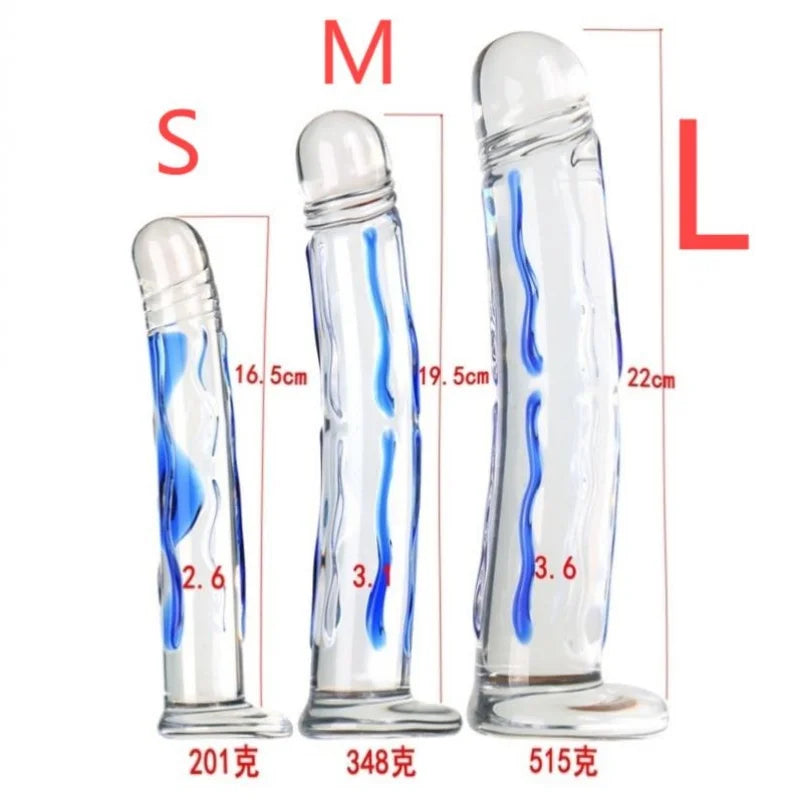 New Large Transparent Glass Blue Striped Dildo,18+ Adult Sex Toy, Clitoral Stimulation Masturbator, G-spot Orgasm Massage Wand