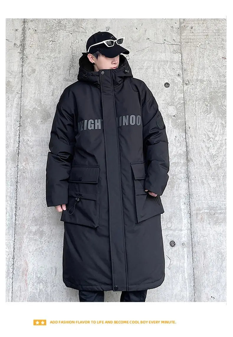 Techwear Down Cotton Jacket Men's Oversize Mid Length Workwear Cold Weather Clothing Winter Pockets Thick Hooded Parkas