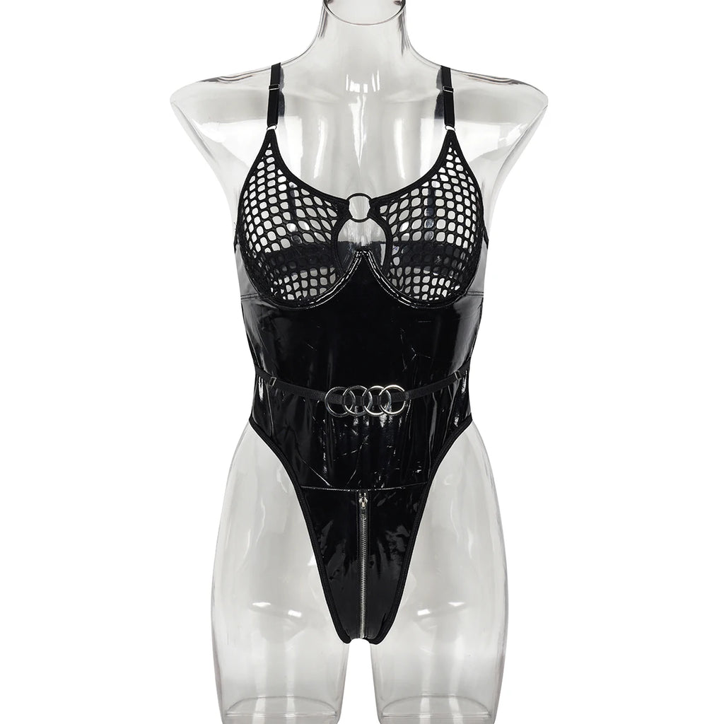 2024 Sexy Erotic Lingerie Set Corset Woman  Leather Bodysuit Zipper Open Crotch Rompers Mesh Sheer Hollow Out Female Underwear
