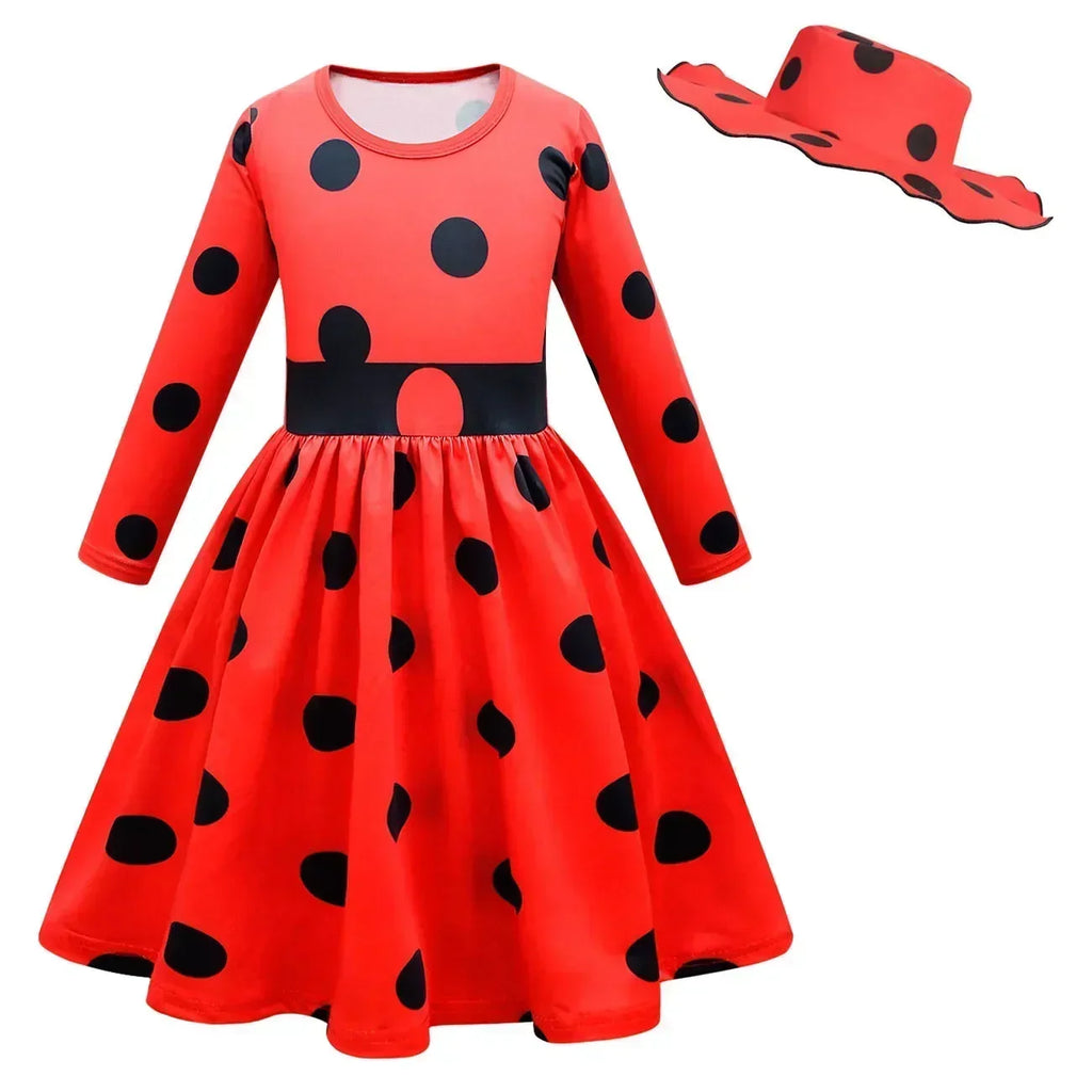 2025 Christmas Reddy Girl Little Beetle Cosplay Costume Mask Wig with Earrings Kids Halloween Fancy Costume Children Party Dress