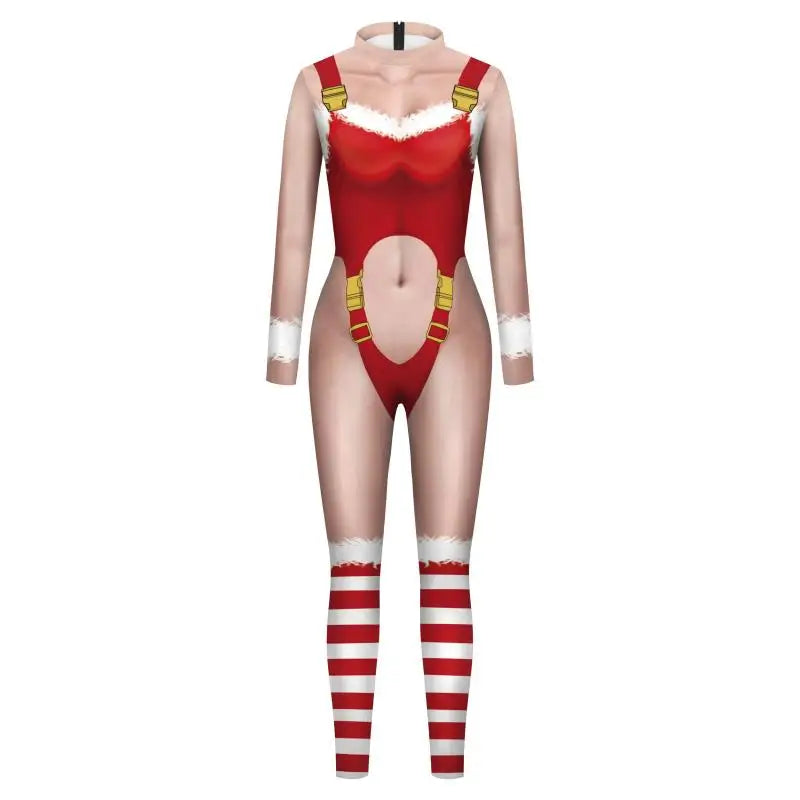 Sexy Christmas Jumpsuit Xmas Santa Claus Cosplay Costume Skinny 3D Printing Bodysuit Party Zentai Holiday Women Jumpsuit