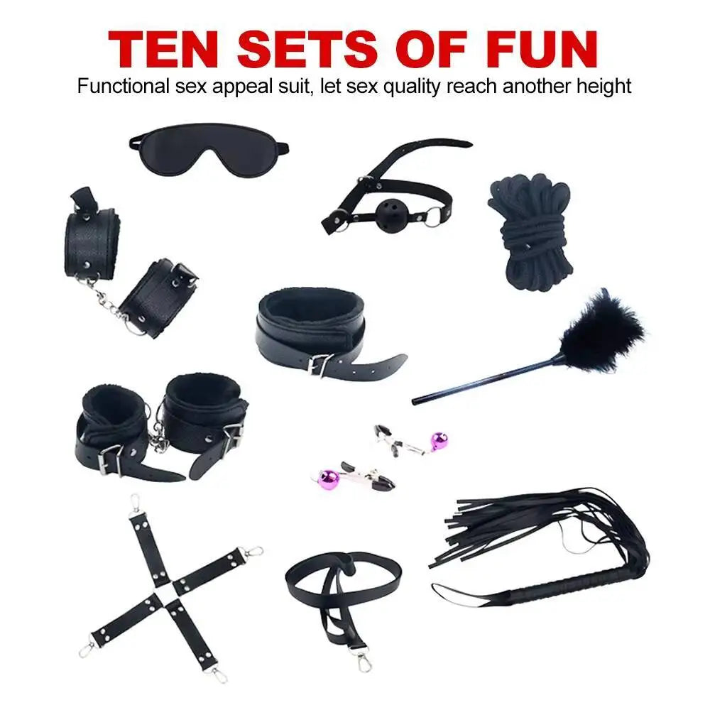 Hot 10Pcs/Set Toys Woman PU Leather SM Bondage Set Hand Cuffs Footcuff Whip Rope Blindfold Erotic Sex Toy For Couple