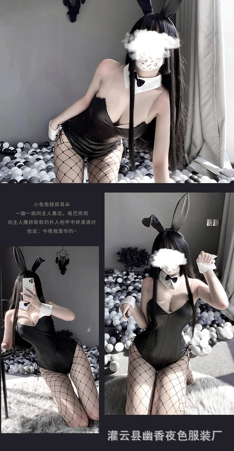 Sexy Bunny Cosplay Costume Women Men Sexy Bodysuit Lingerie Kawaii Bunny Girl PU Faux Leather Rabbit Suit Anime Outfit Halloween