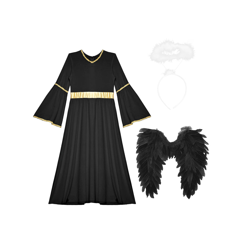 Girls White Angel Costume Halloween Party Long Bell Sleeve Maxi Dress Gown with Wings Set for Performance Church Dress Up