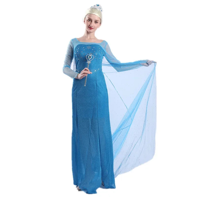 Frozen Elsa Princess Long Dress Sequin Mesh Elsa Costume Adult Snow Queen Costume Party Dress Halloween Carnival Cosplay Costume