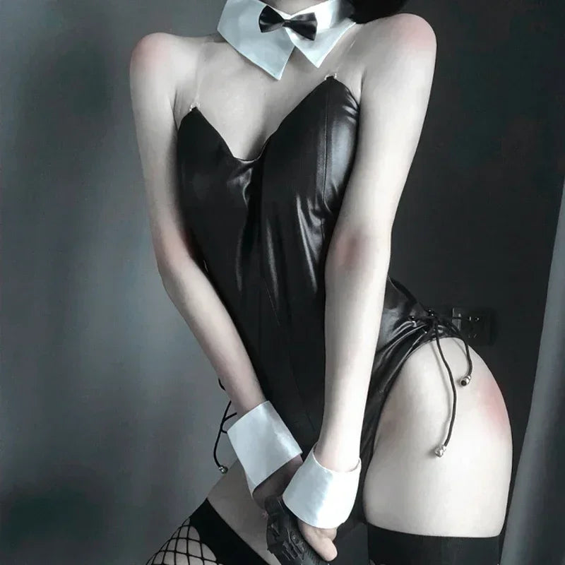 Bunny Girl Cosplay Woman Sexy Lingerie PU Faux Leather Bodysuit with Tie Headband Set Kawaii Rabbit Suit Porno Exotic Costume
