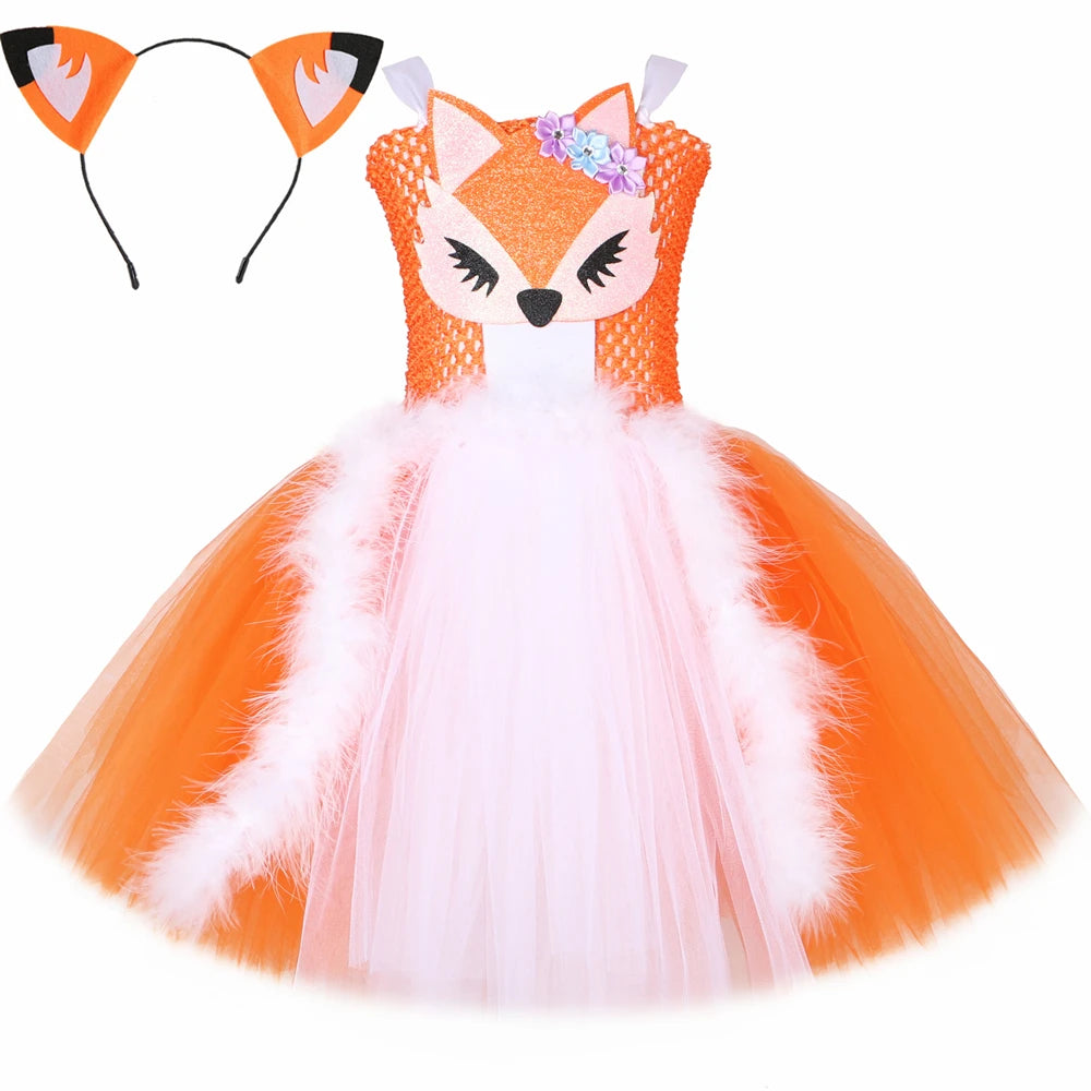 White Orange Fox Halloween Costumes for Girls  Animal Cosplay Tutu Dress with Ears Children Birthday Carnival Party Outfits