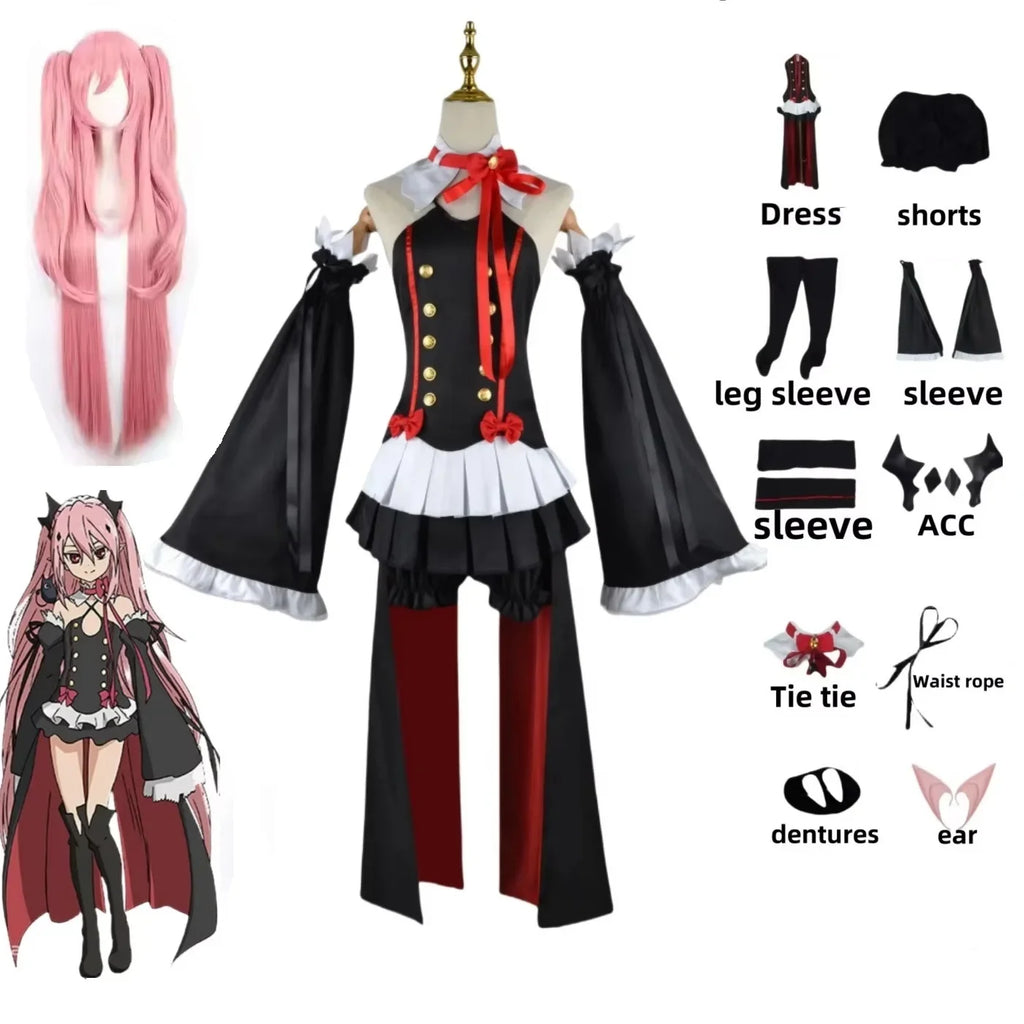 Anime Seraph of the end Krul Tepes Cosplay Vampire Wig Elf Ears Cosplay Costume For Women Halloween Carnival Party Comic Con