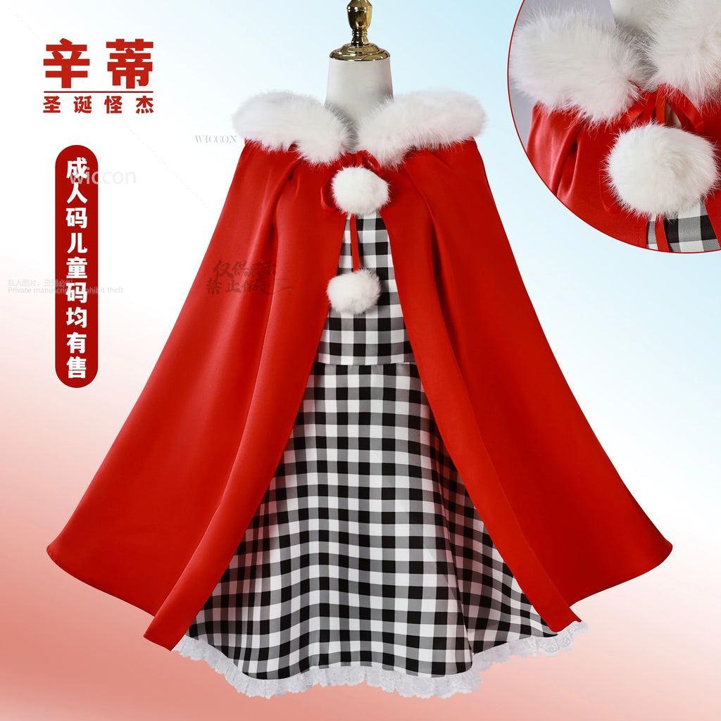 Anime Cindy Lou Cosplay Costume Cindy Plaid Dress Red Cloak Outfit Blond Wig Women Kids Halloween Suit Christmas Gift Customized