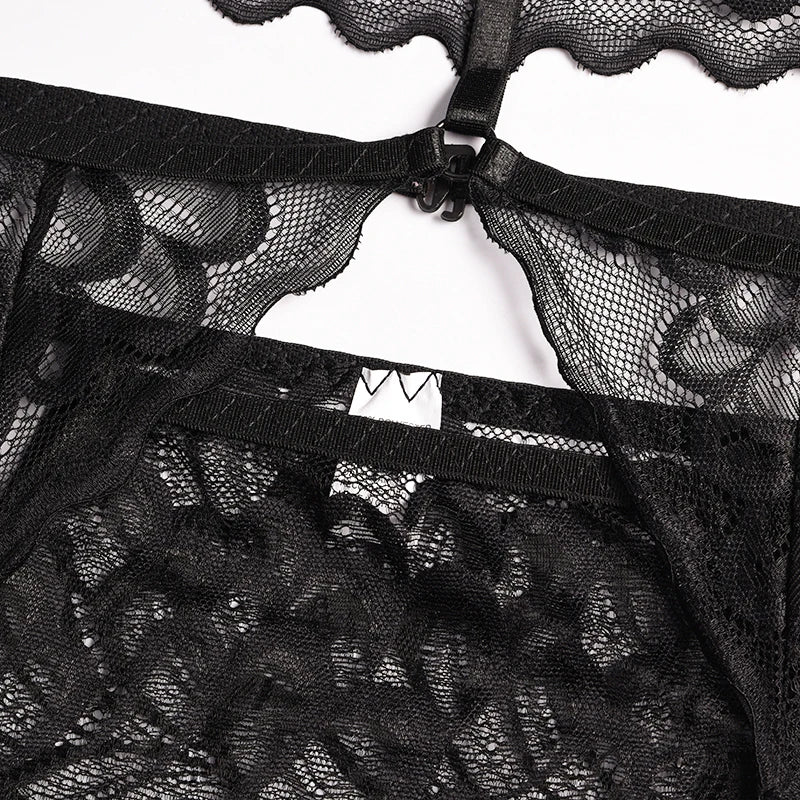 Erotic Lingerie Sets For Women Lace Garters Transparent Bra And Panty Set Female Porno Costumes Deep V Halter Sexy Underwear Set