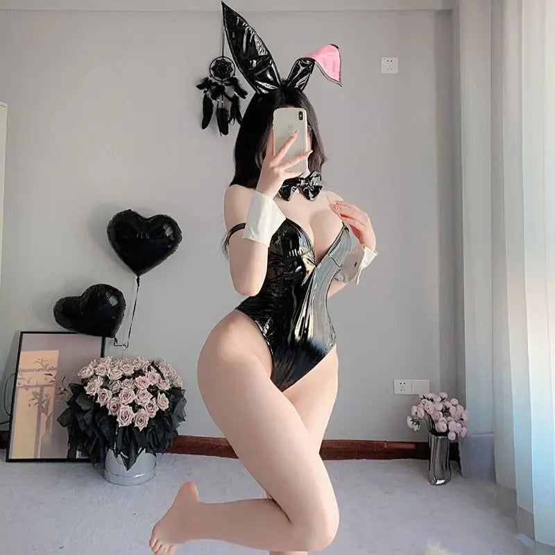 Sexy Dark Reign Maid Cosplay Costume Leather Leotard Elastic Bunny Girl Faux Leather Anime Dress for Geek Girls