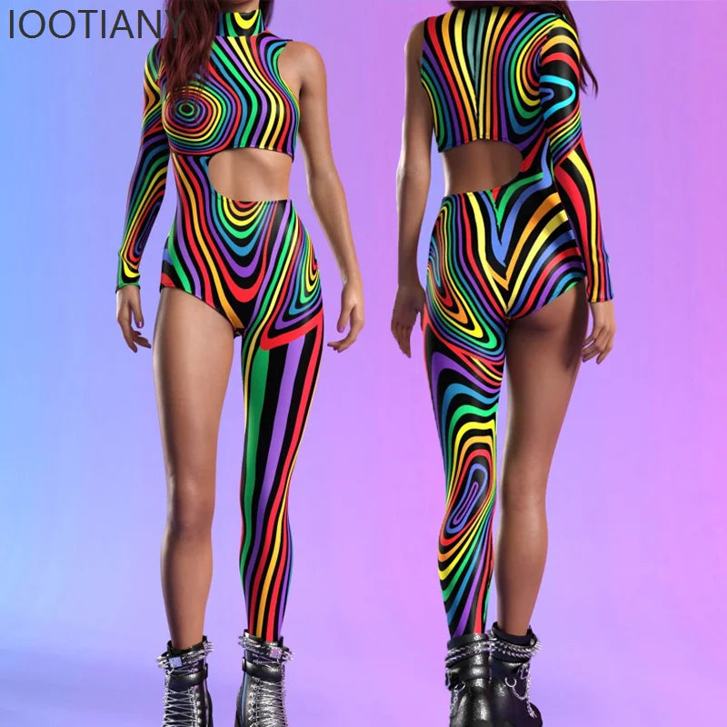 Halloween Unisex Art Irregular Lines Bodysuit Holiday Party Role Playing Solid Color Bodysuit Stage Performance Tights Costume