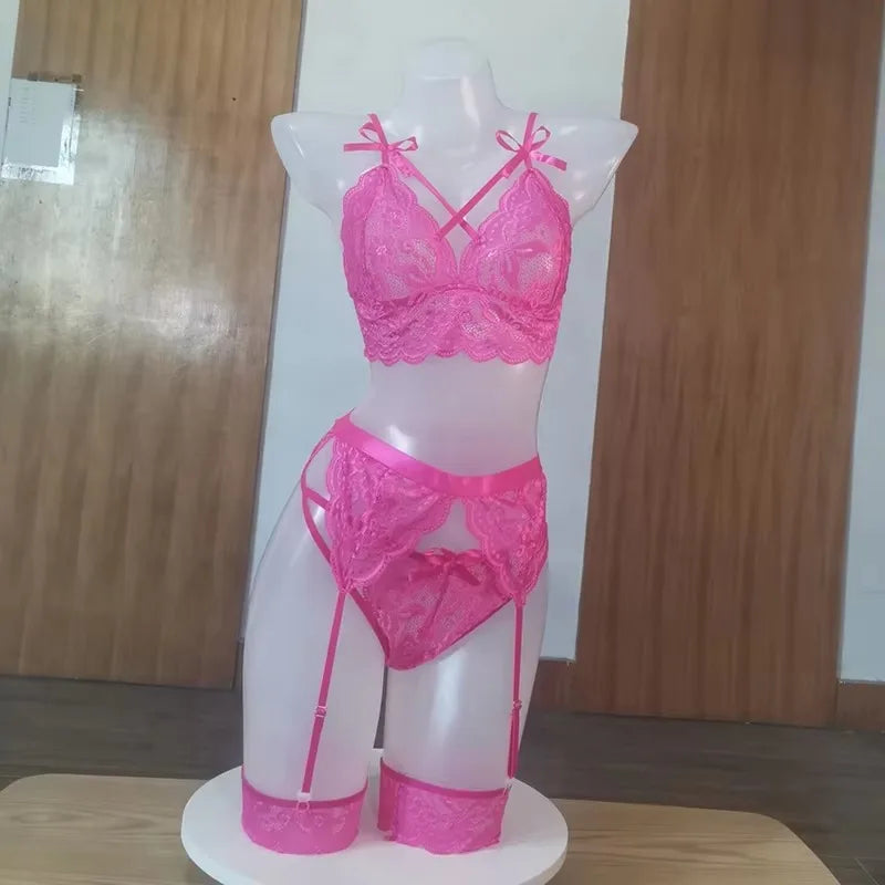 Sexy Erotic Lingerie Women Bra and Panty Garters 3pcs See Through Lingerie Sets Sexy Women's Underwear Set Porn Sexy Lingerie