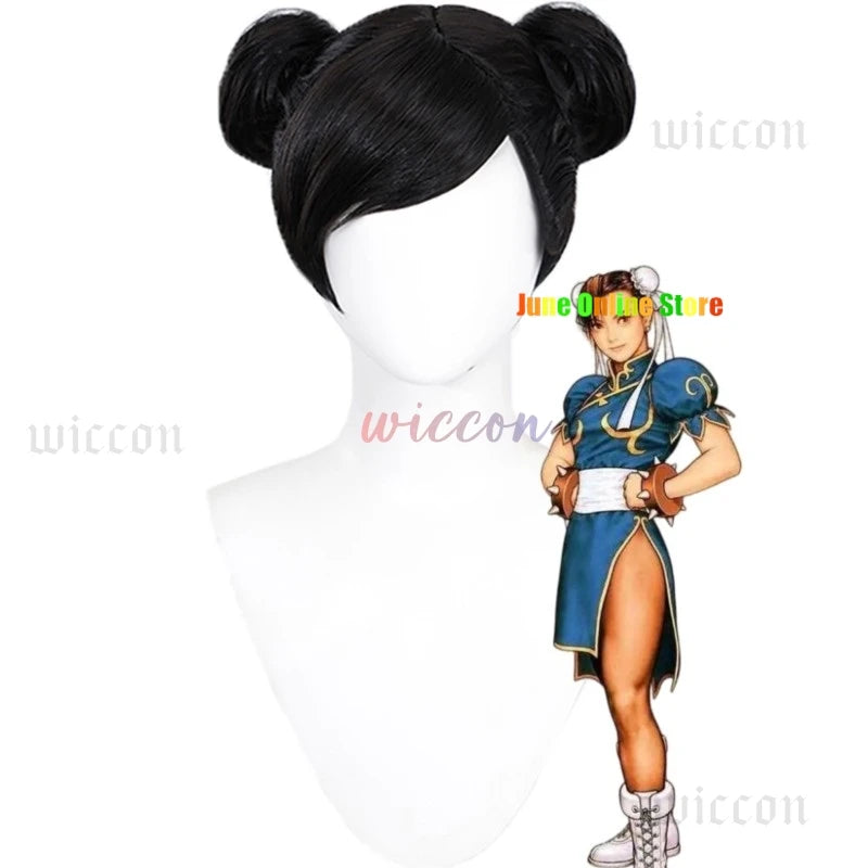 Chun Li Game Street Cosplay Costume Black Battle Dress Fighter Chinese Style Cheongsam Woman Adult Wig Blue Halloween Party