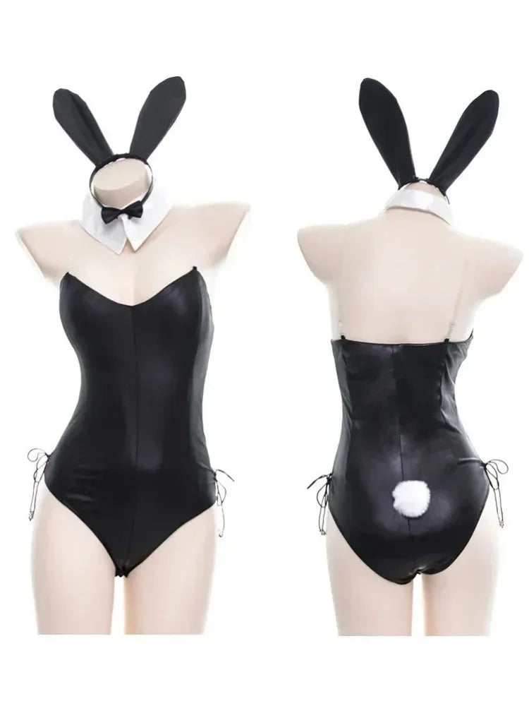 Bunny Girl Cosplay Woman Sexy Lingerie PU Faux Leather Bodysuit with Tie Headband Set Kawaii Rabbit Suit Porno Exotic Costume