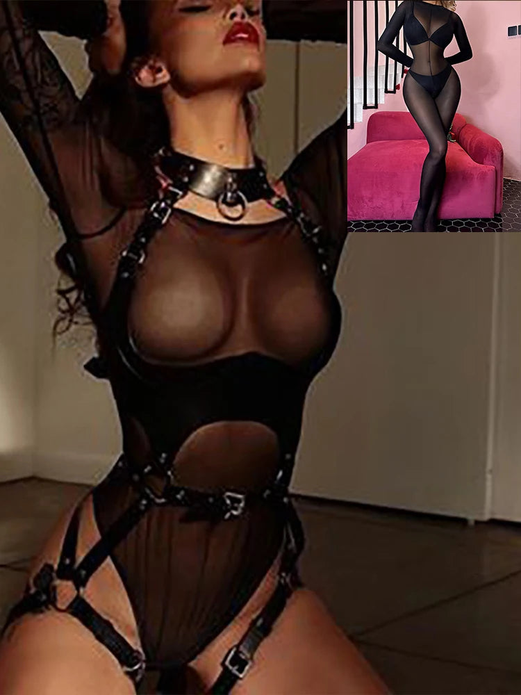 Sexy Bondage Lingerie Outfit Leather with Bodystockings BDSM Adjustable Garter Full Body Harness Gothic Sex Product Erotic Set