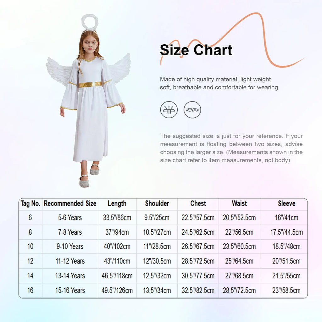 Girls White Angel Costume Halloween Party Long Bell Sleeve Maxi Dress Gown with Wings Set for Performance Church Dress Up