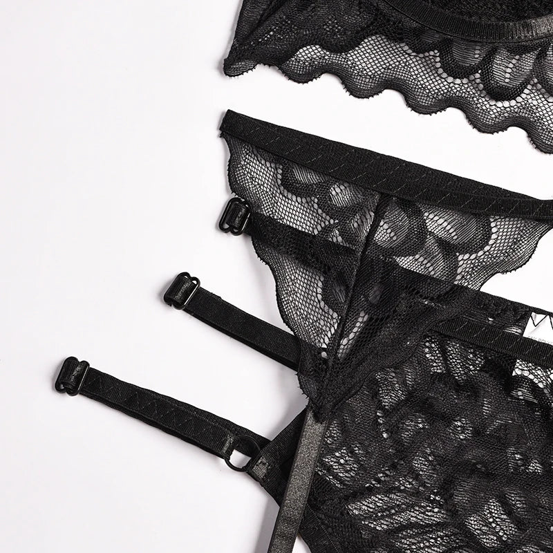 Erotic Lingerie Sets For Women Lace Garters Transparent Bra And Panty Set Female Porno Costumes Deep V Halter Sexy Underwear Set