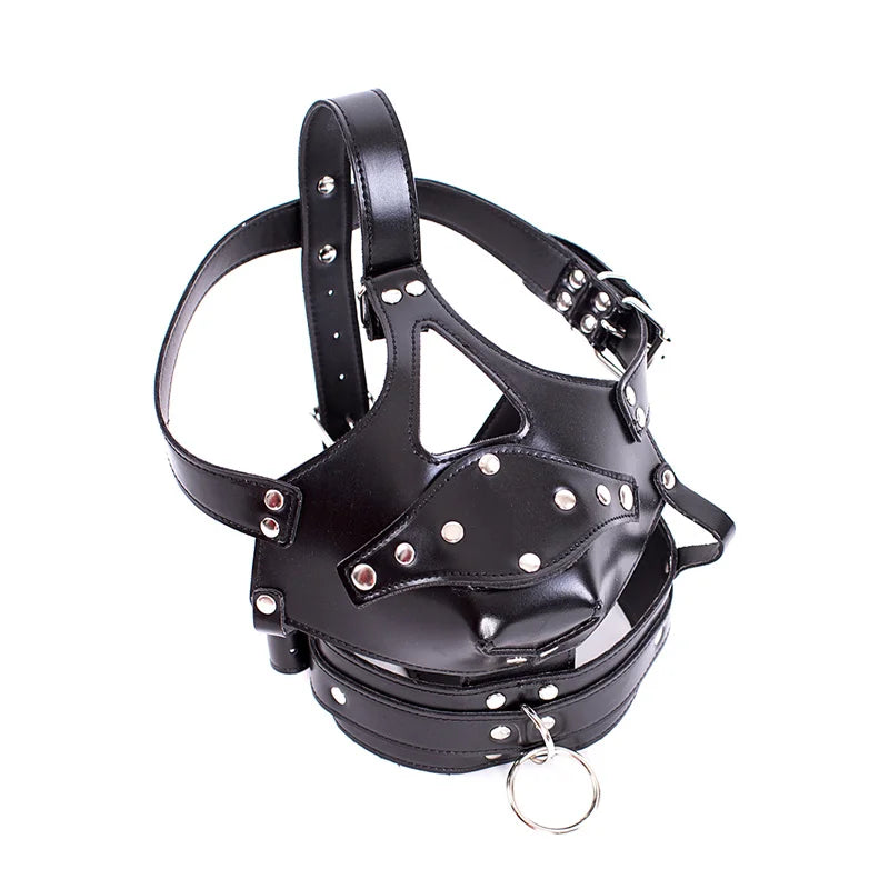 Leather fetish headwear, mask, hood holder, dildo, mouth plug, BDSM, bondage, porn, adult cosplay, male, female and gay sex toys