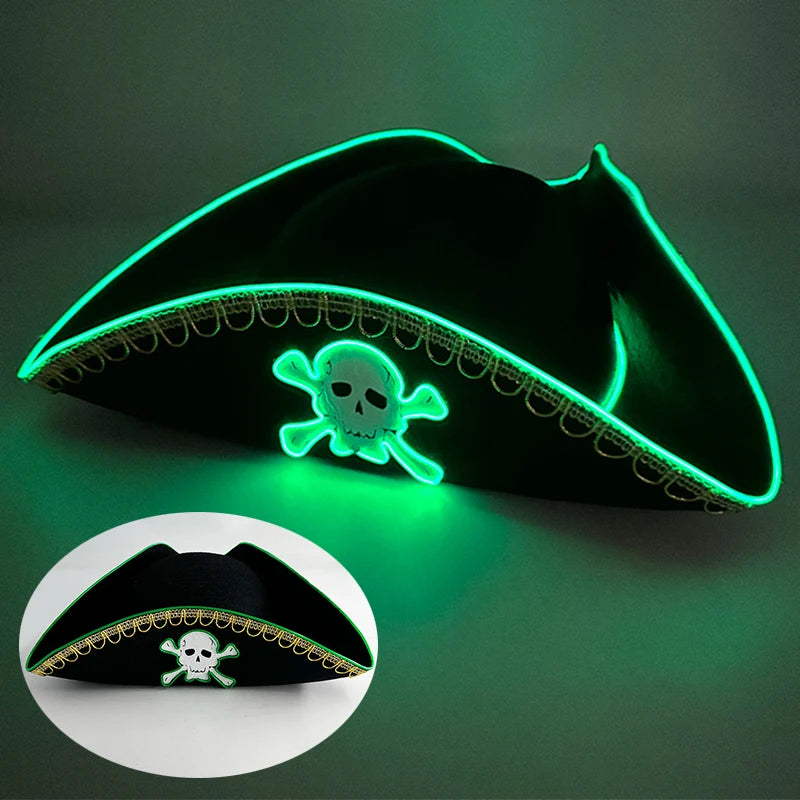 LED Pirate Hat Pirate Theme Holiday Cosplay Pirate Costume Decorations Glowing Captain Hat Colonial Tricorn Hat Woman Skull Hat