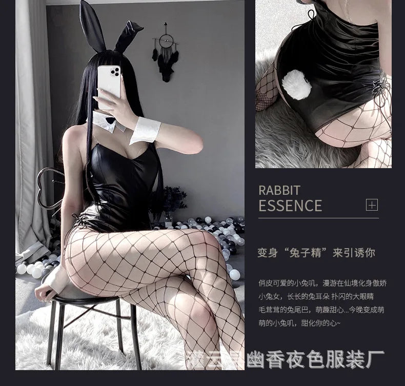 Sexy Bunny Cosplay Costume Women Men Sexy Bodysuit Lingerie Kawaii Bunny Girl PU Faux Leather Rabbit Suit Anime Outfit Halloween