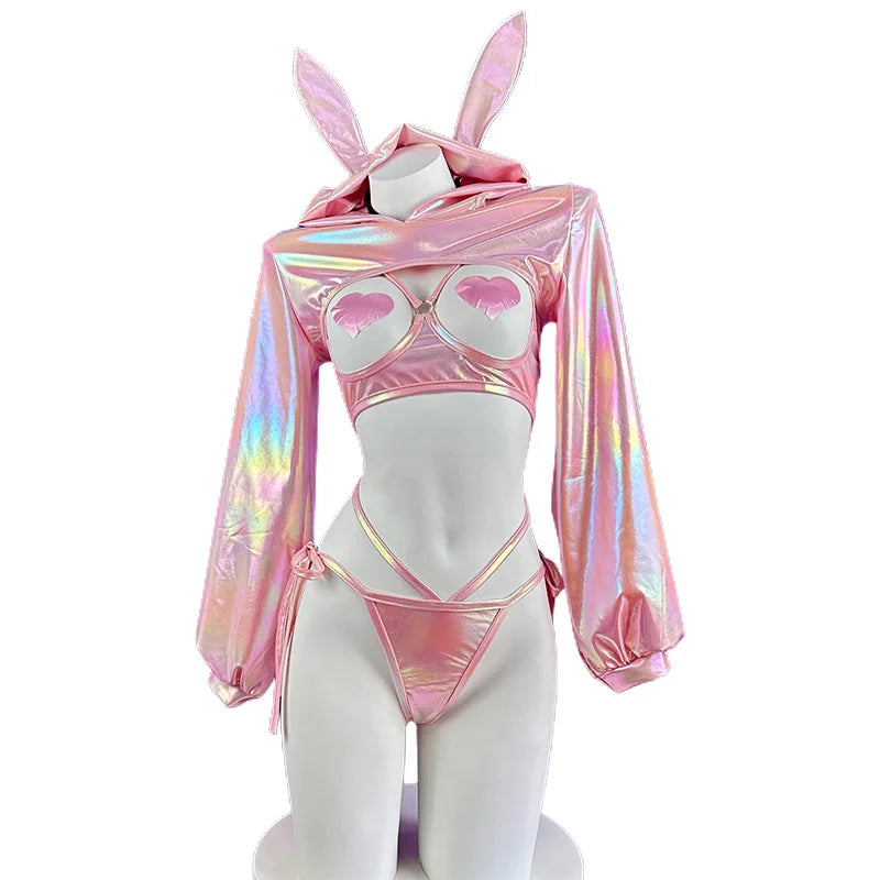 Anime Bunny Girl Cosplay Costume Women Laser Leather Sexy Lingerie Rabbit Maid Uniform Underwear Suit Halloween Carnival Clothes