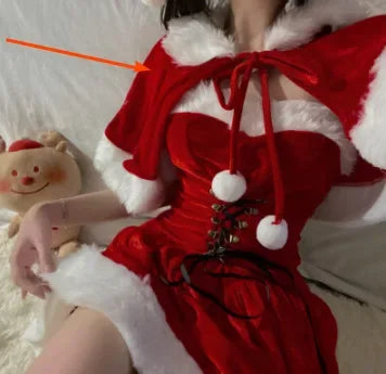 Cute Women Christmas New Year Off Shoulder Bandage A-line Skirt Sexy Nightdress Shawl Santa Claus Role Playing Lingerie Set