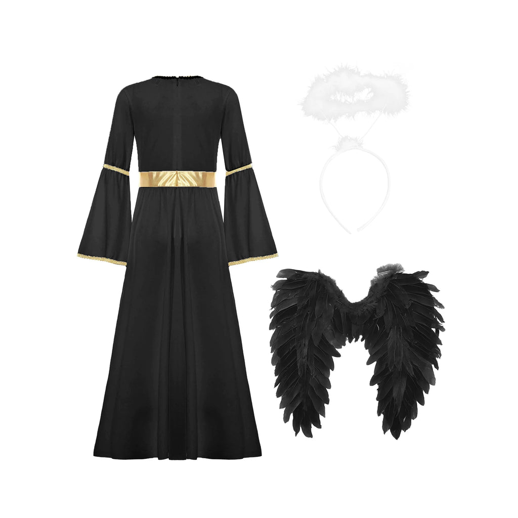 Girls White Angel Costume Halloween Party Long Bell Sleeve Maxi Dress Gown with Wings Set for Performance Church Dress Up