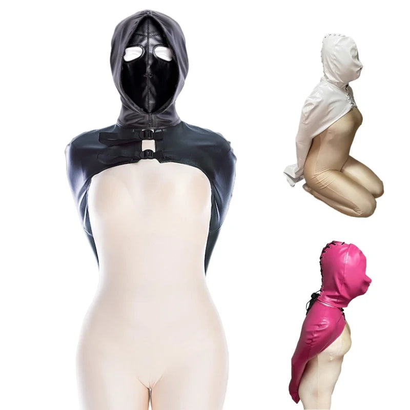 Erotic Restraint Lingerie Set with Unisex Upper Body Bondage Harness Single Glove Hood Mask for Couple BDSM Play Costume
