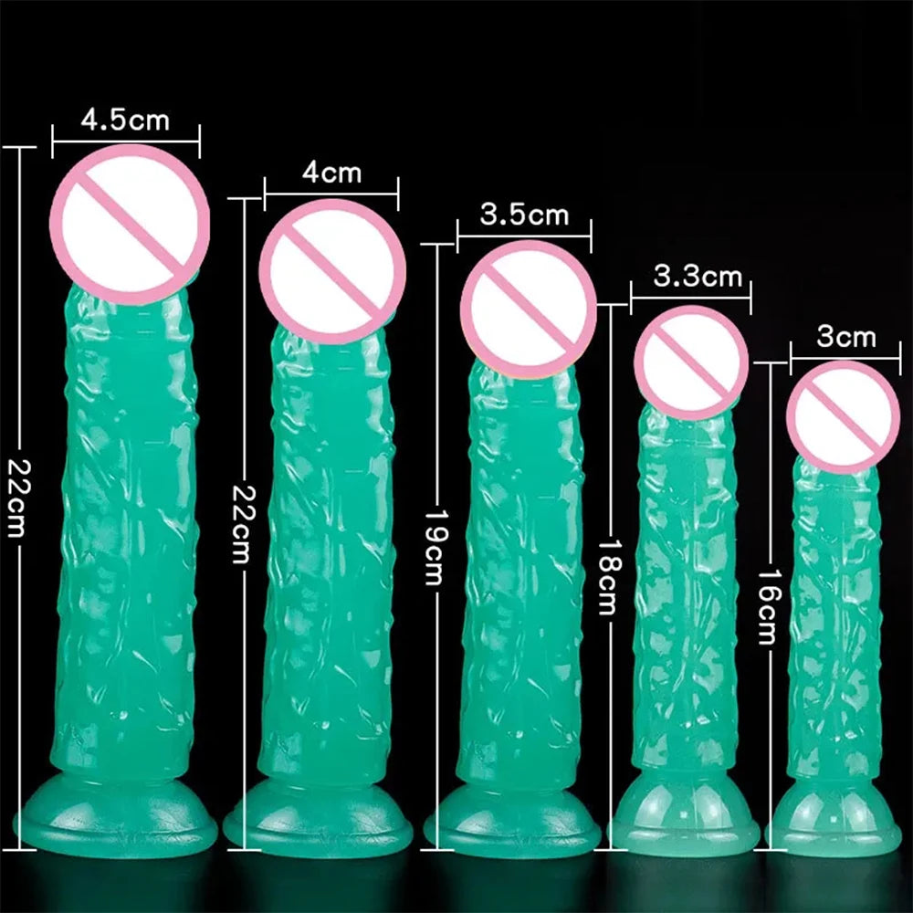 Five Sizes Green Glow-In-The-Dark Fluorescent Eggless Enlargement Simulated TPE Dildo Thickening and Lengthening Realistic Penis
