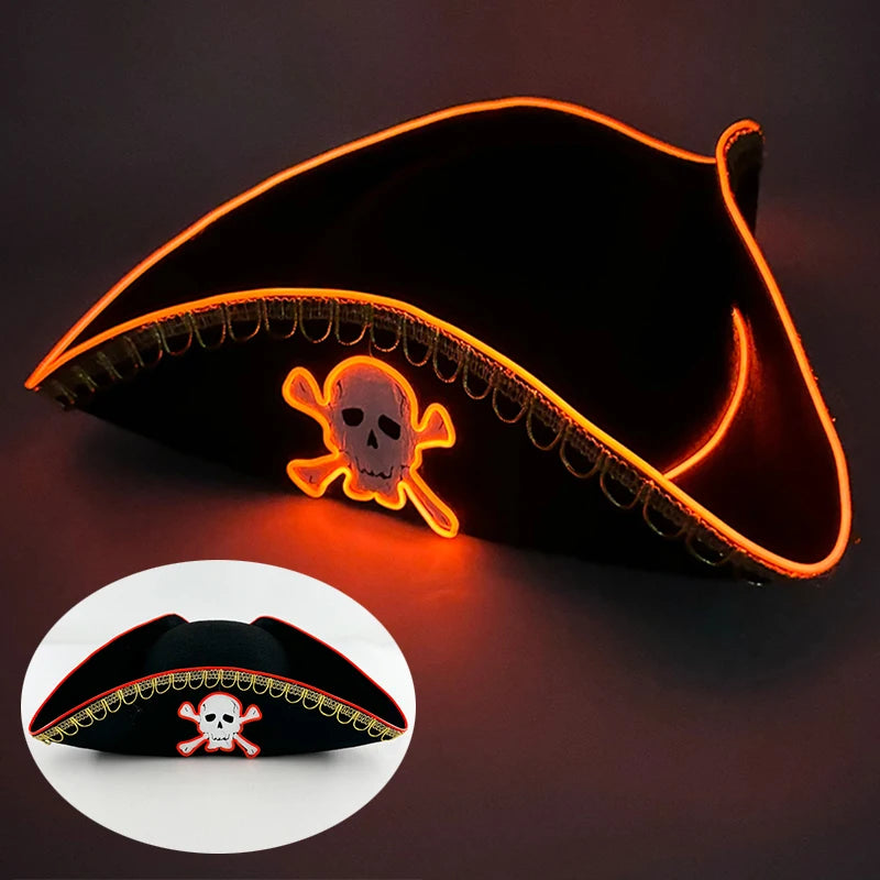 LED Pirate Hat Pirate Theme Holiday Cosplay Pirate Costume Decorations Glowing Captain Hat Colonial Tricorn Hat Woman Skull Hat
