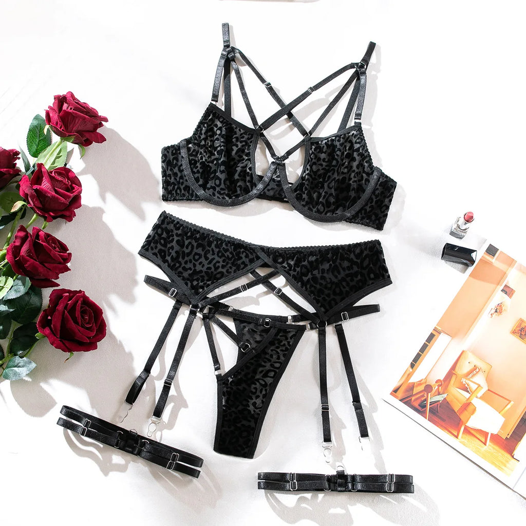 Erotic Leopard Lingerie Set - Sexy Push-Up Bra & Sheer Thong with Adjustable Garter Belt Velvet 4-Piece Bondage Kit Outfits